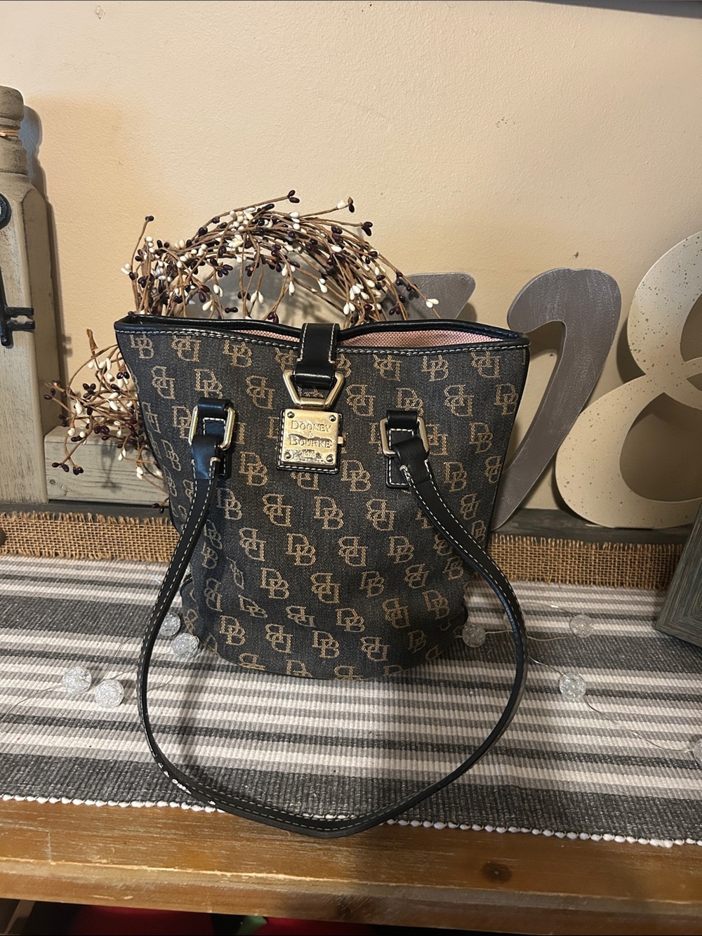 Dooney & Bourke Brown & Black Signature Logo Tote with Gold Plaque
